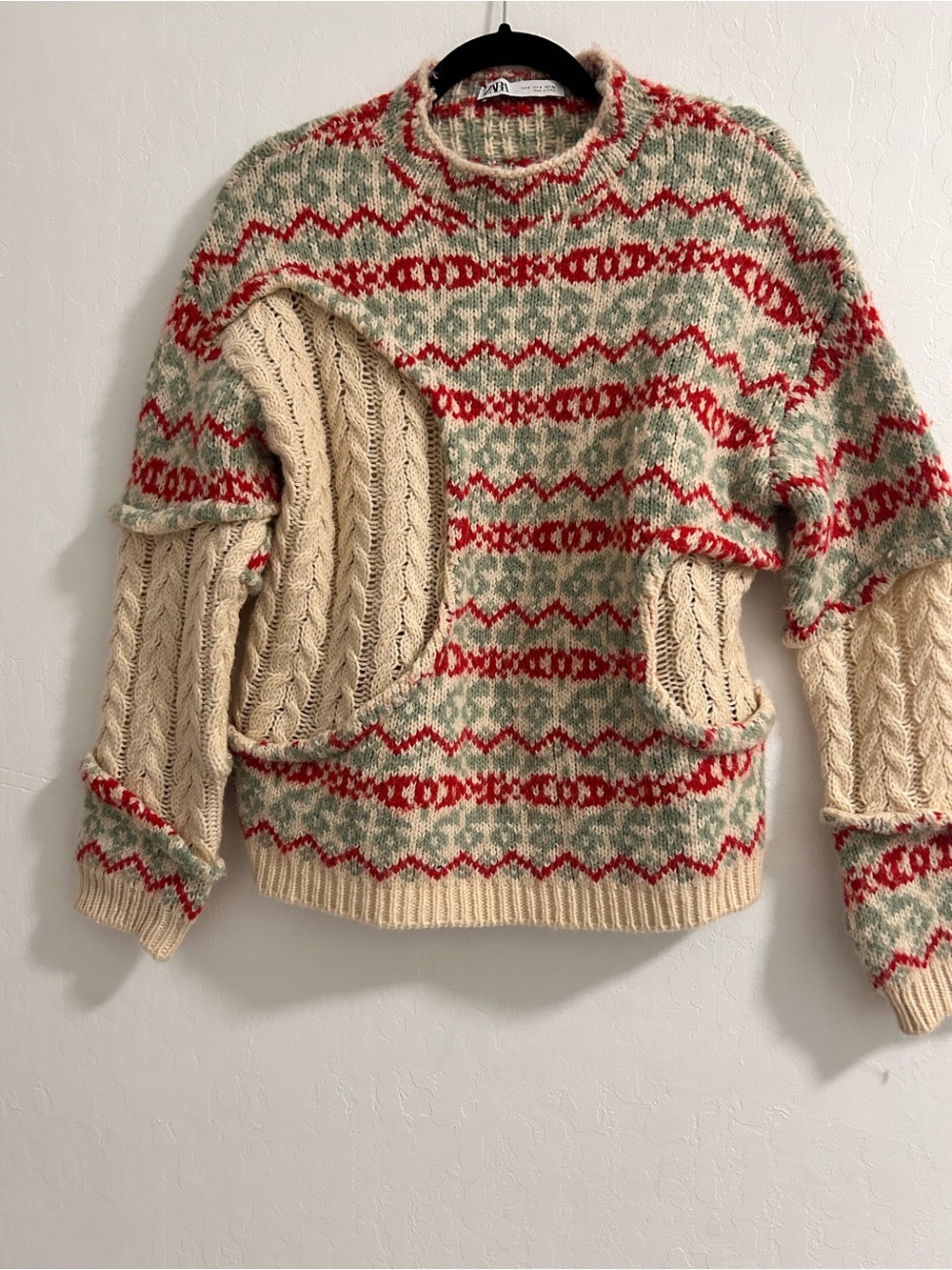 Zara Cream Sweater with Red & Sage Fair Isle Stripes